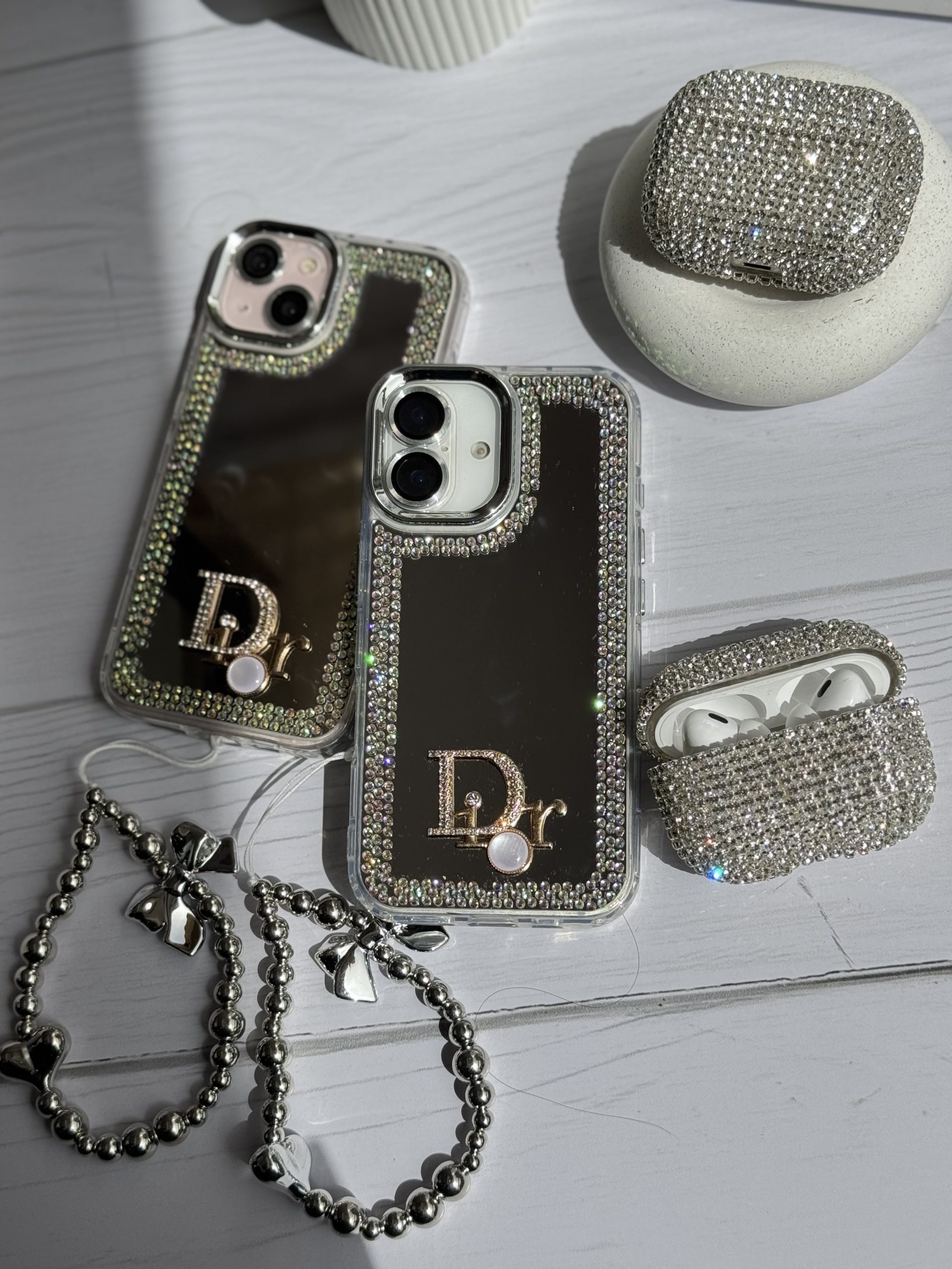 قاب Dior آینه ای دور نگین با آویز قلبی پاپیونی (کدC1989)