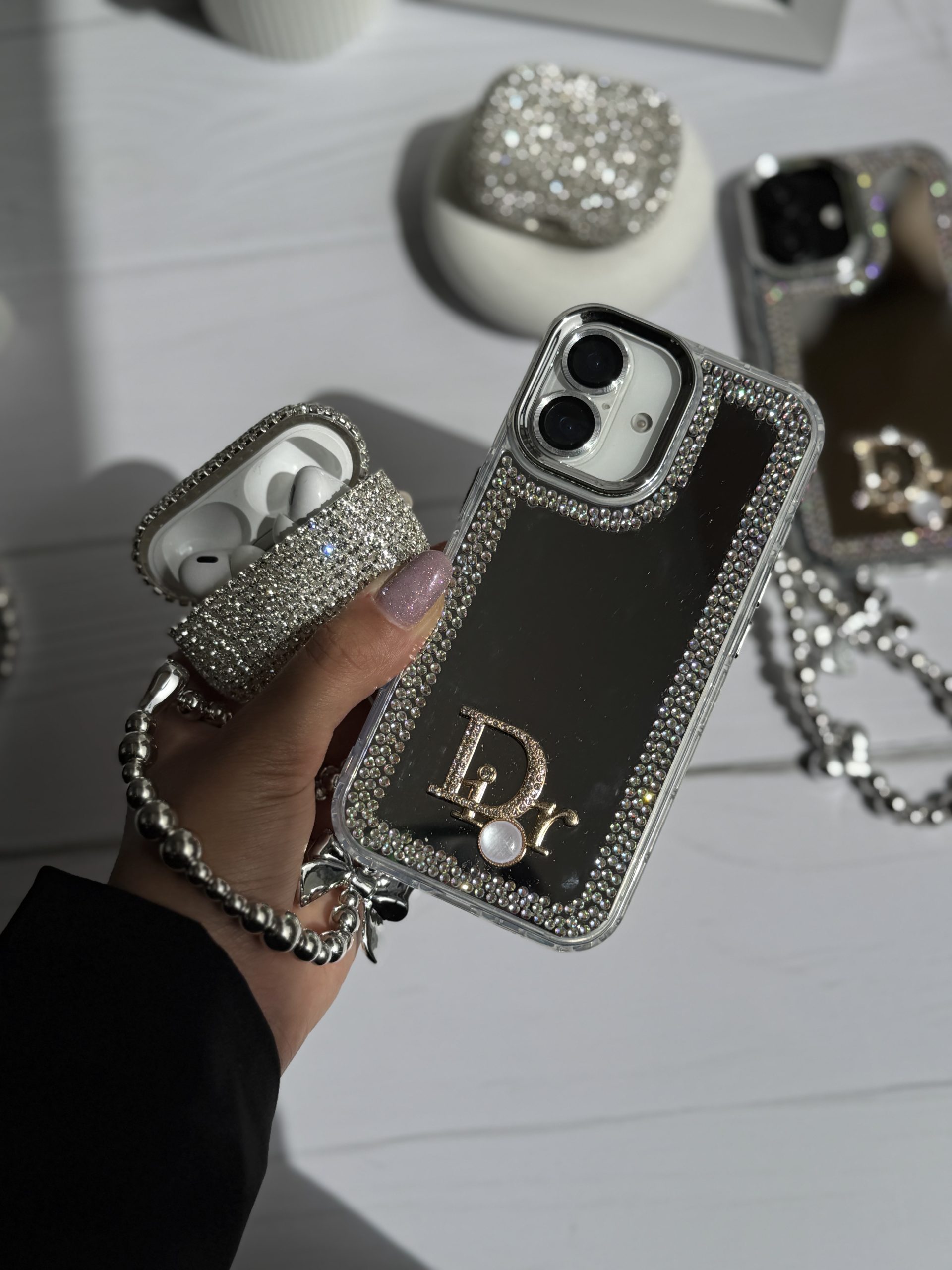 قاب Dior آینه ای دور نگین با آویز قلبی پاپیونی (کدC1989) - تصویر 2