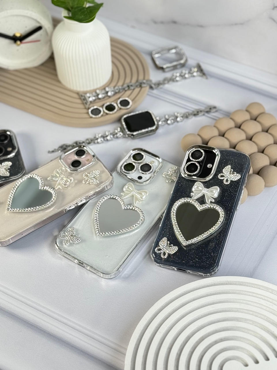 قاب شاینی قلب آینه ای با محافظ لنز رینگی نگینی (کدC1889) - تصویر 5